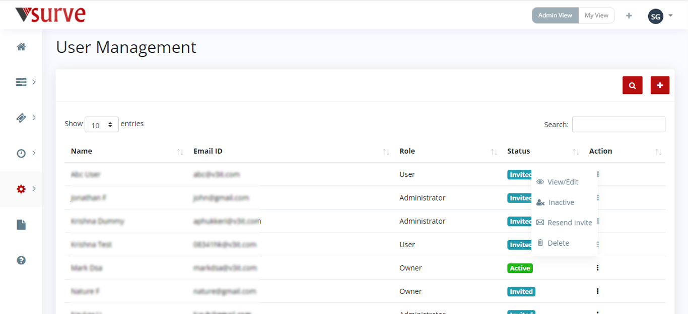 Invite user actions